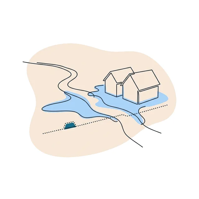 Cours d'eau en crue qui inonde une prairie jusqu'au pied de deux maisons