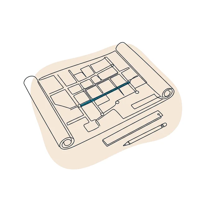 Plan de réseau d'assainissement déroulé sur une table, règle et crayon